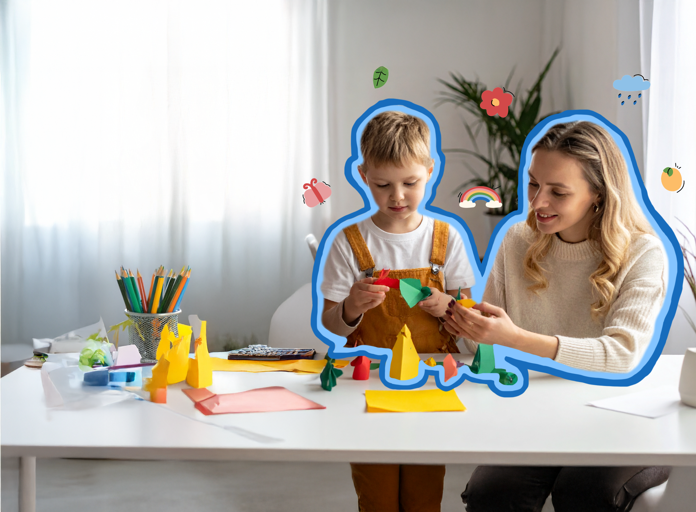 Vi tilbyder et bredt udvalg af karton, papir og tilbehør til klippe- og klistreprojekter – perfekt til kreative aktiviteter for børn, forældre og hele familien Barn og mor sidder og laver kreative papprojekter sammen – karton og papir til børn